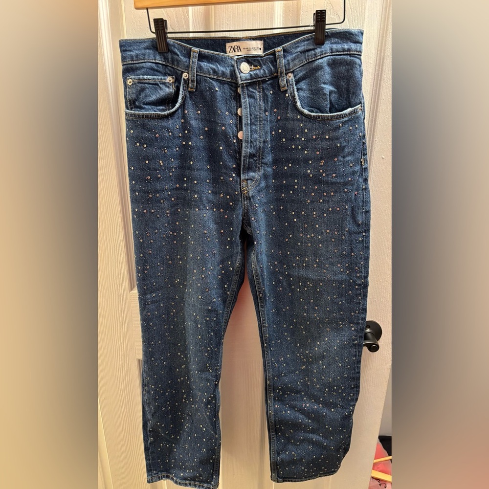 Zara Blue Denim Jeans with Crystal Stud Accents